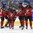 PLYMOUTH, MICHIGAN - APRIL 6: Canada's Marie-Philip Poulin #29, Erin Ambrose #23, Natalie Spooner #24, Laurianne Rougeau #5 and Rebecca Johnston #6 celebrate after a second period goal against Finland during semifinal round action at the 2017 IIHF Ice Hockey Women's World Championship. (Photo by Matt Zambonin/HHOF-IIHF Images)

